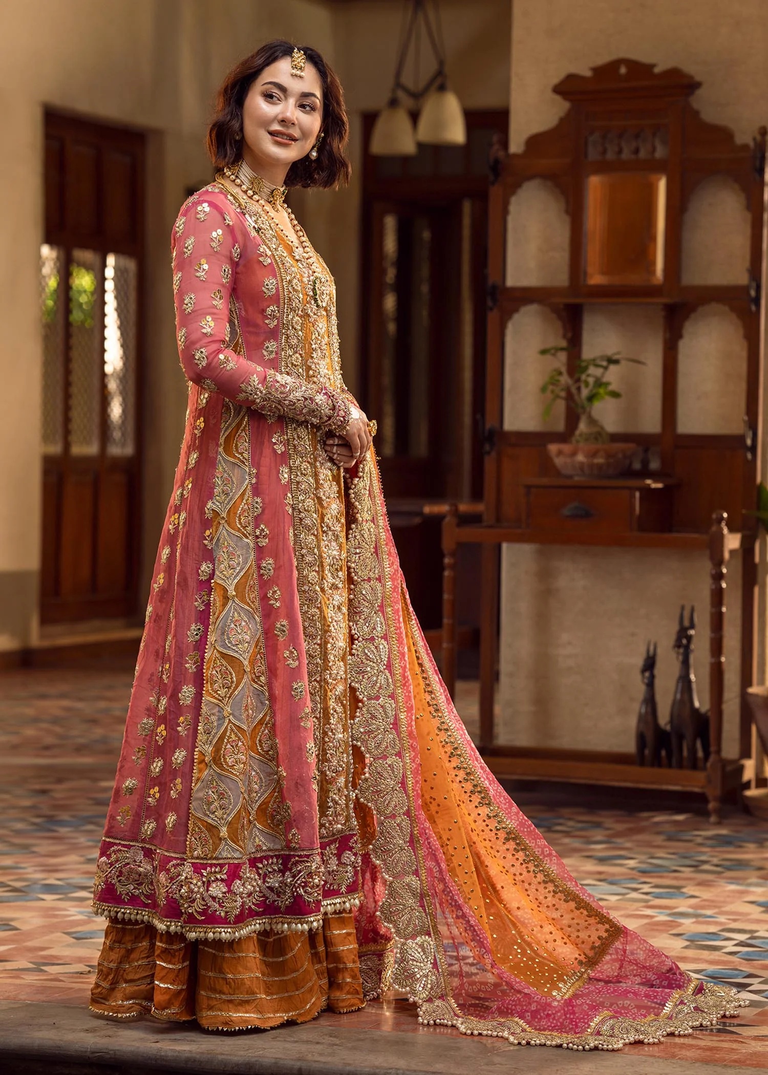Mehndi Galore pakistani fashion outfit in gold, mustard, orange, pink…